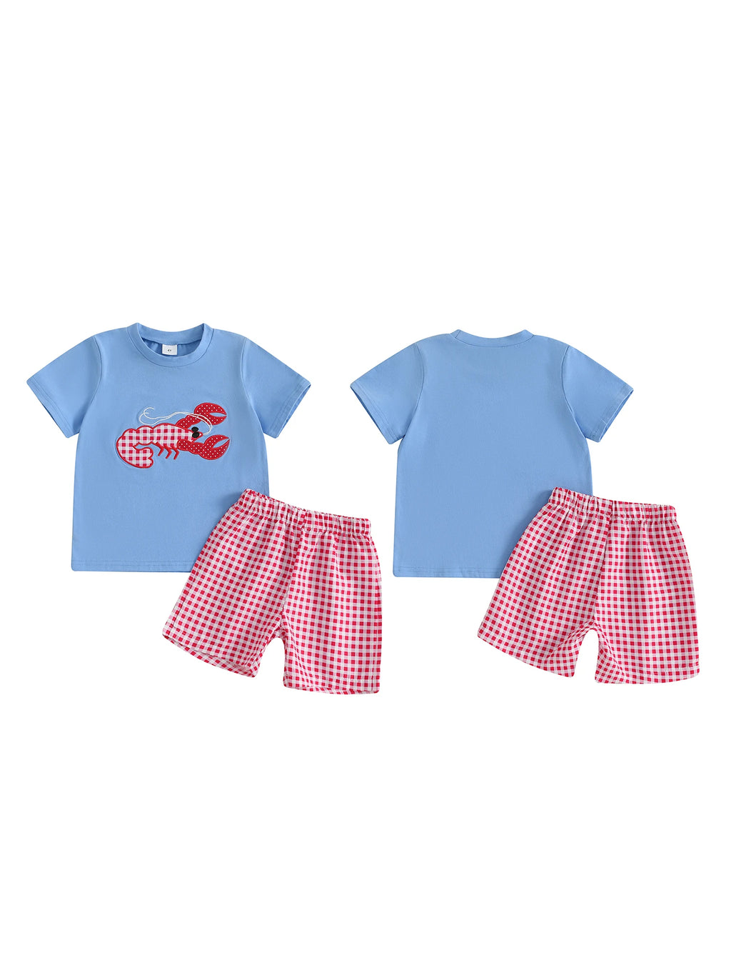Children s Boys Summer Clothing Set with Cute Lobster Embroidered Short-Sleeve T-Shirt and Elastic Waist Shorts 2-Piece Outfit