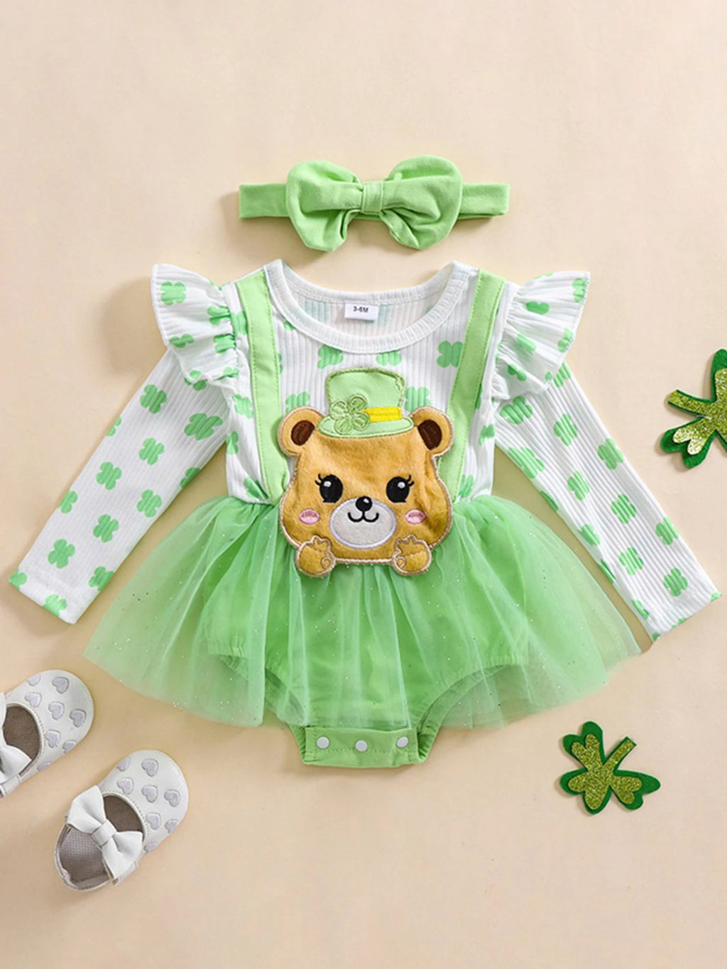 Infant Girls Floral Print Long Sleeve Romper Dress with Bear Embroidery and Matching Headband for Spring Season
