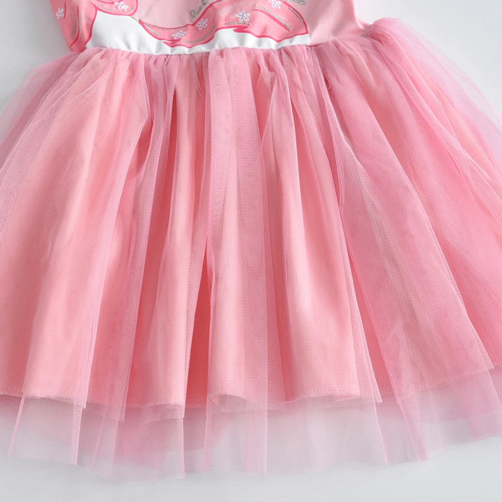 VIKITA Toddlers Pink Unicorn Appliqued Short Sleeve Summer Dress Kids Tulle Mesh Birthday Party Sweet Cute Elegant Prom Gown