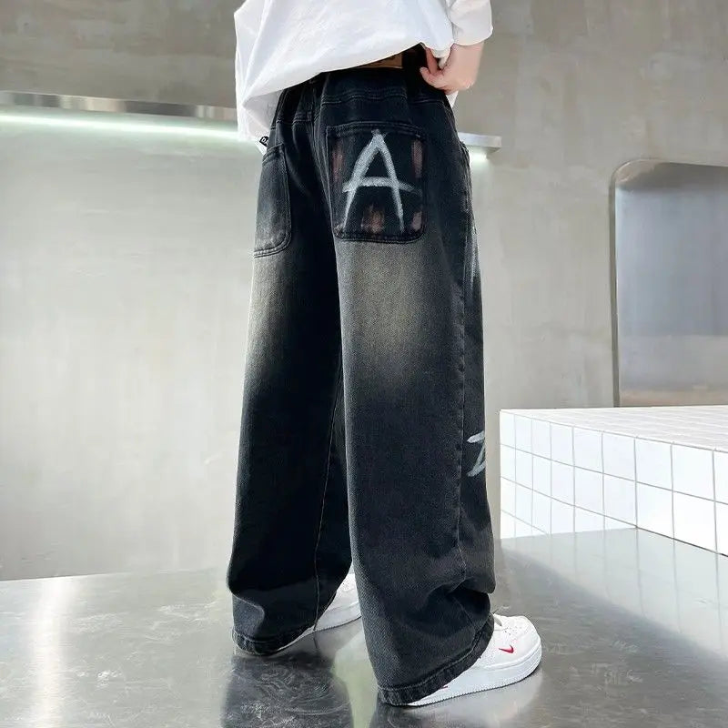 Boys' Trendy Streetwear Jeans for Spring/Fall - Loose Fit Straight-Leg Wide-Leg Denim Pants for Boys 8-14