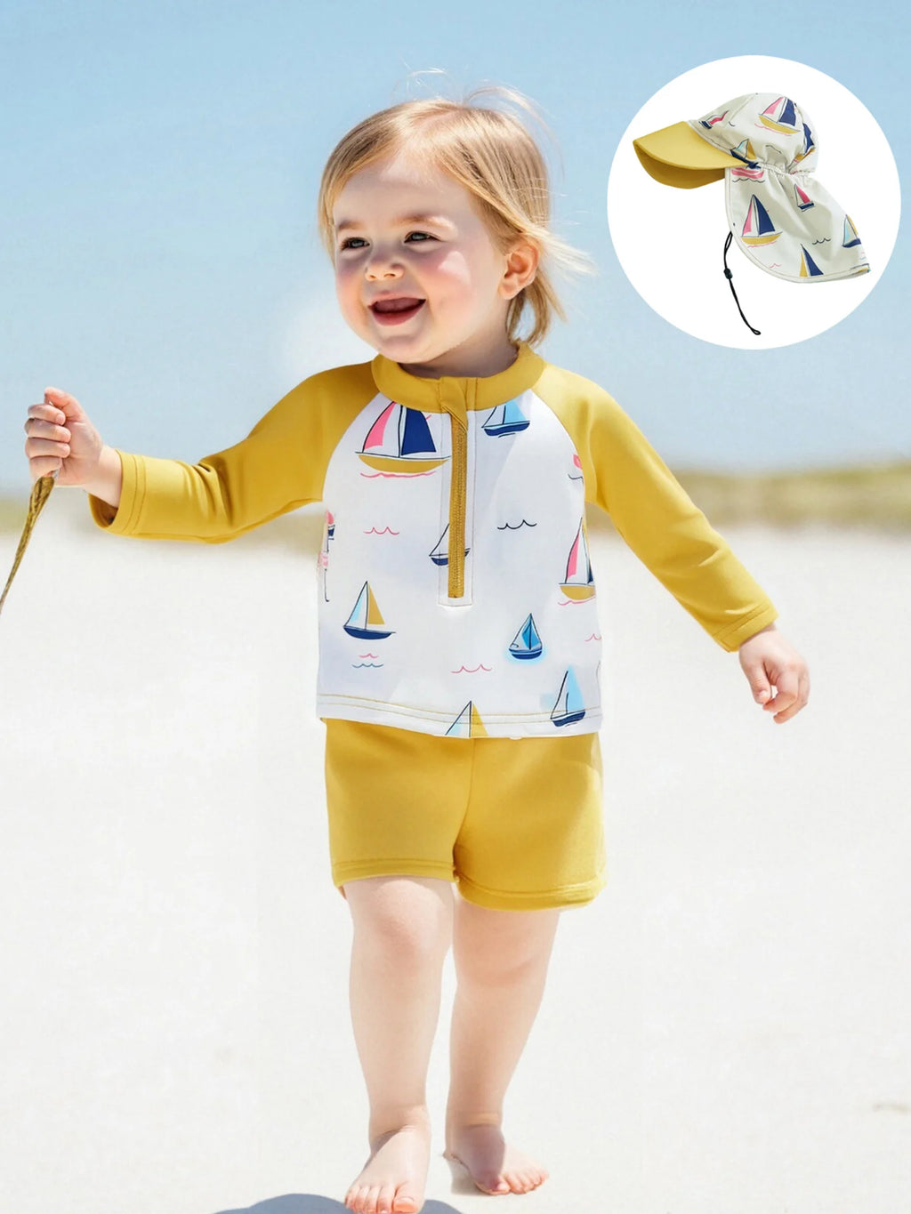 Boys Rash Guard Swimsuit Set with Shark Print Long Sleeve Zipper Tops Solid Shorts and Swim Hat 3 Pcs Outfits for Beach Fun