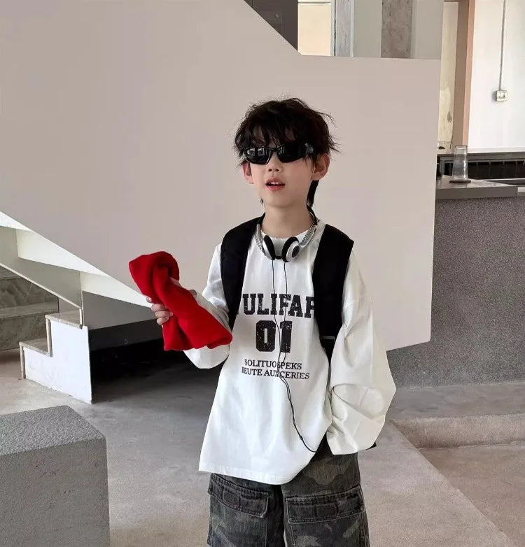 Boys' Vintage Hip-Hop CAMO Wide-Leg Jeans Kids' Spring Autumn 2025 New Release Medium-Large Denim Pants