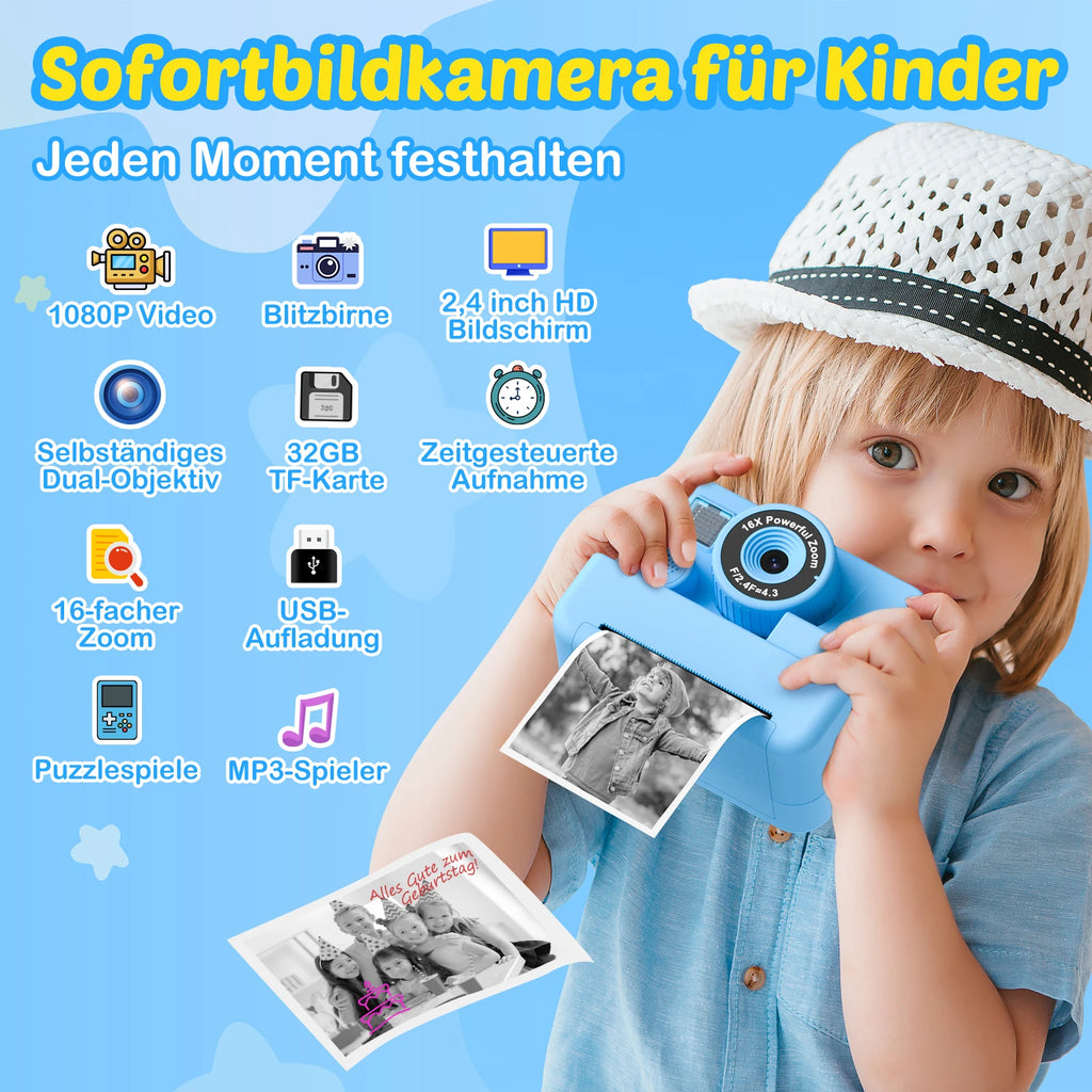 New Bee Kids Instant Print Camera 1080P HD Dual Lens Selfie 32GB Digital Camera for Girls Boys Christmas Birthday Gifts Toys