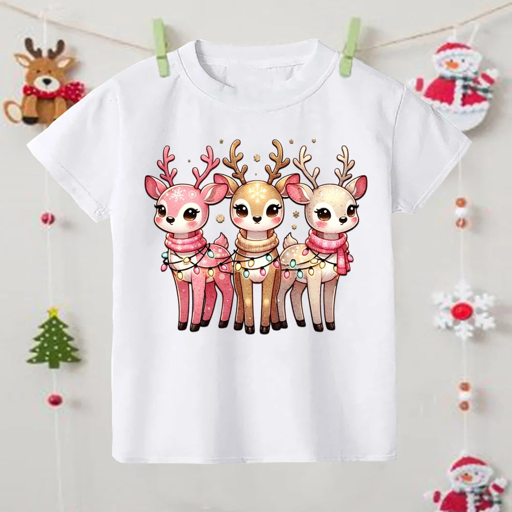 Christmas Fashion Kid Tee Top Round Neck Santa Claus/Tree/Snowman/Elk Print Shirt for Boy Girl Clothes Kids Unise
