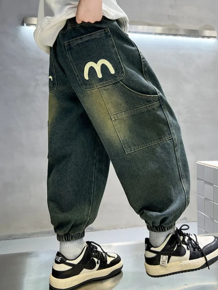 Boys' Fleece-Lined Jeans 2025 New Autumn/Winter Thermal Insulated Trendy Long Pants for Big Tall Kids, Stretchy Fabric Loose Fit