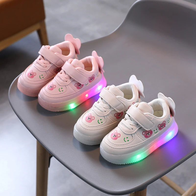 Disney LED Casual Sneakers For Spring Outdoor Cartoon Shoes Children Lighted Non-slip PU Leather Bear White Shoes Size 21-30