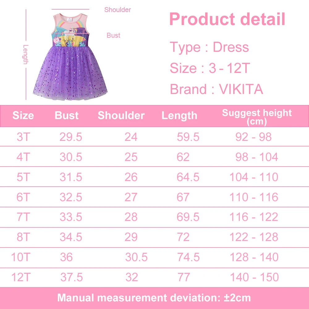 VIKITA Kids Unicorn Cartoon Print Dress Girls Sleeveless Summer Vestidos Kids Patchwork Purple Princess Mesh Tulle Party Dress