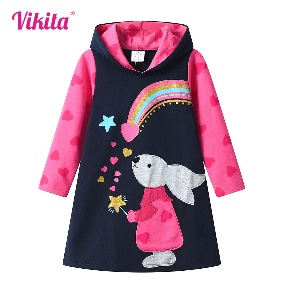 VIKITA Kids Autumn Winter Thick Hoodies Dress for Girl Rabbit Rainbow Appliqued Straight Dresses Kids Heart Design Cotton Dress