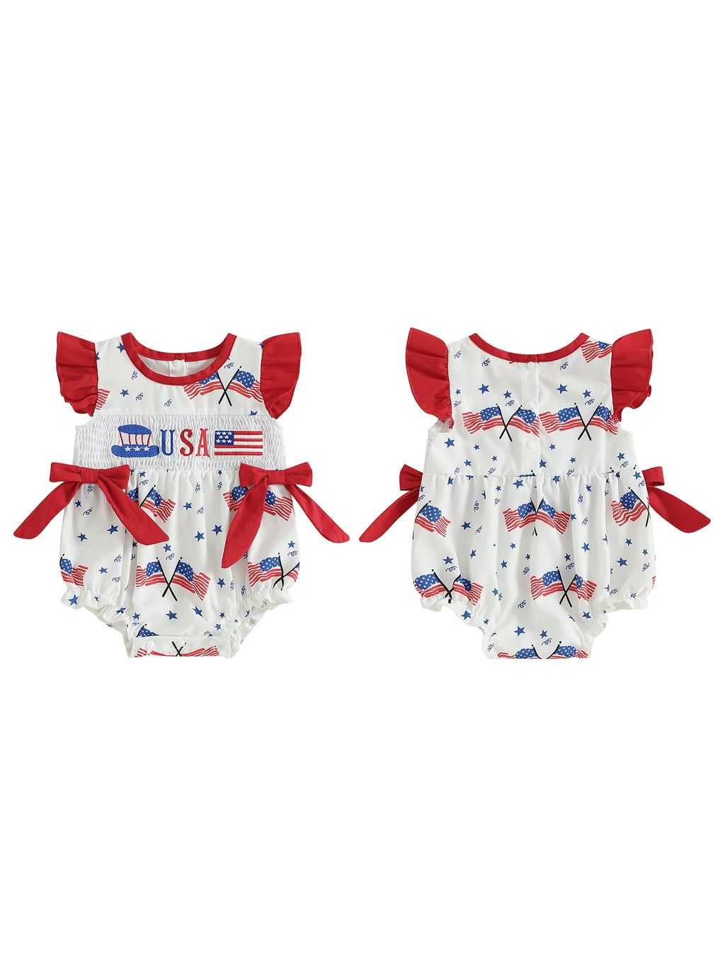 Toddler Girls Patriotic Sleeveless Romper with Ruffled Hem and American Flag Print for 4th of July Celebration