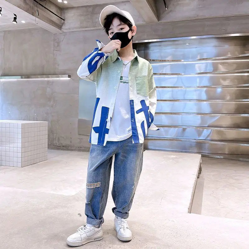 2025 Trendy Tween Boys Gradient Shirt Spring Autumn Summer Kids Clothing Hot Sale Unique Fashion Design