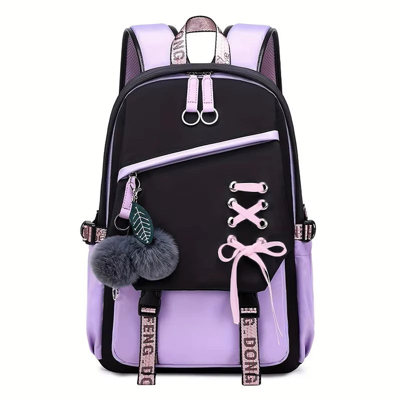 Large Capacity Schoolbag with Cute Plush Pendant Cute Girls Backpack Waterproof Nylon Fabric Bookbag for Kids Teens Students