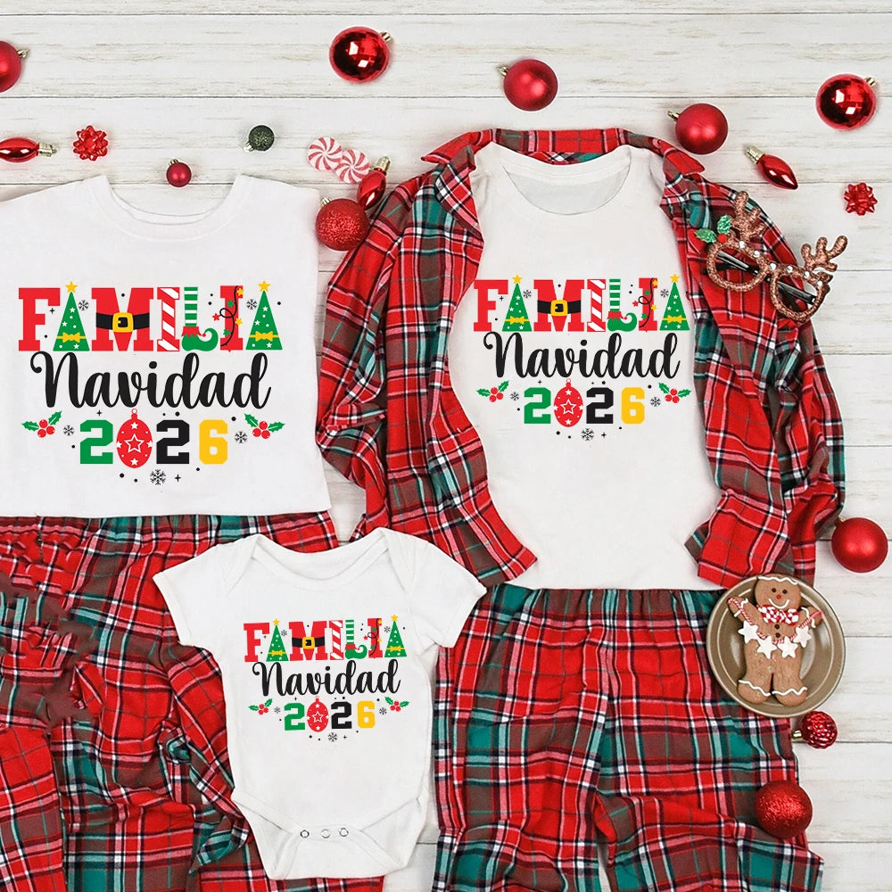 2026 Christmas Family Pattern Print Familt Matching Tee Shirts Dad Mom Kids Round Neck Tee Tops Baby White Bodysu
