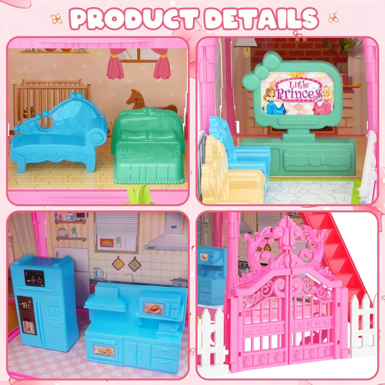 Doll House for Girls 2/8 Rooms Dollhouse with Dolls Figure Furnitures LED Light Toddler Playhouse Chrsitmas Gift for Kids Child