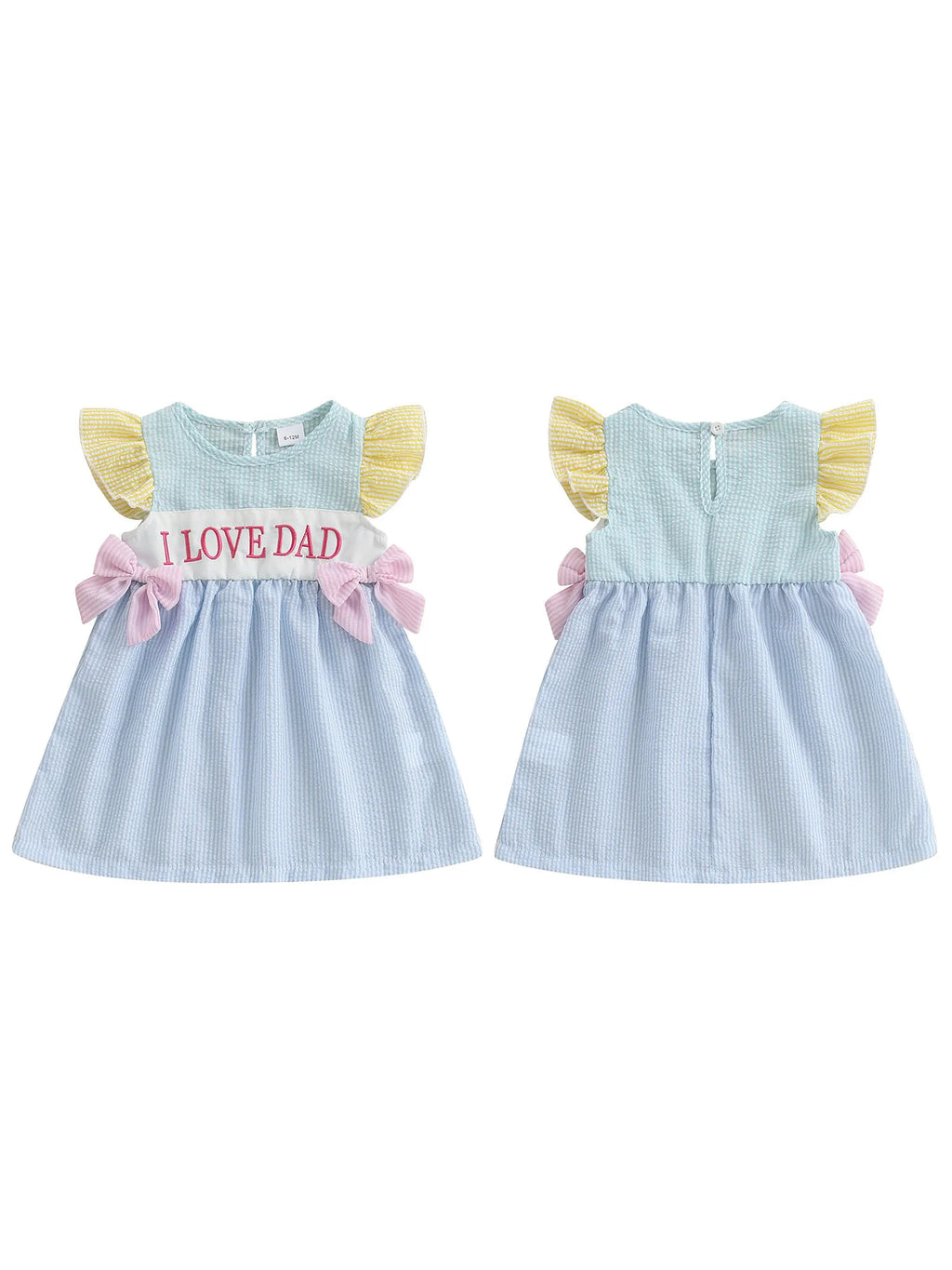 Adorable Infant Girl Sleeveless Dress with Cute Bow Accents Embroidered Letters Striped Design and Ruffled Trim