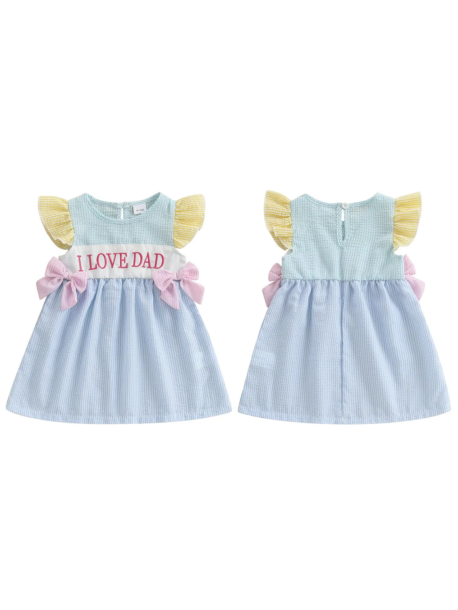 Adorable Infant Girl Sleeveless Dress with Cute Bow Accents Embroidered Letters Striped Design and Ruffled Trim