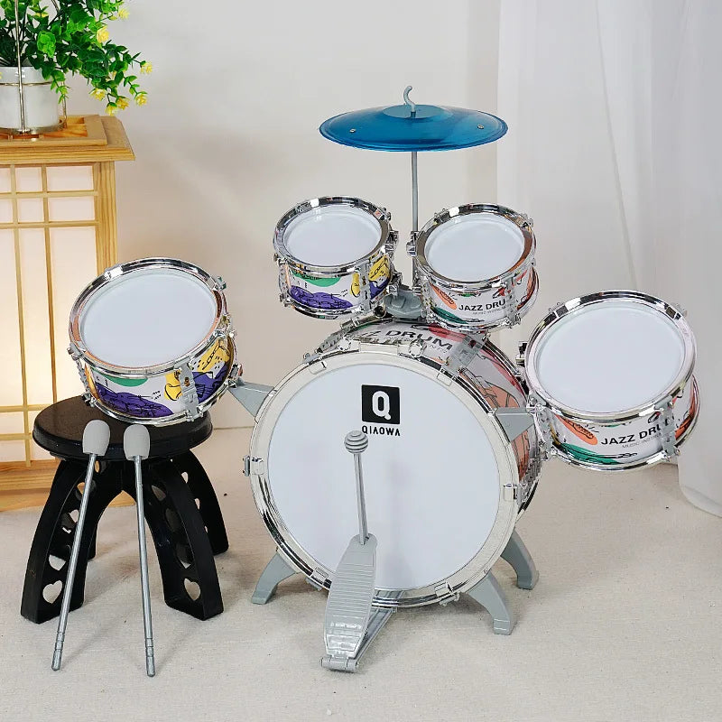 Kids Drum Set Toddler Jazz Drum Kit Toys with Stool Pedal Percussion Musical Instruments Drum Toy Early Education Gift for Boys