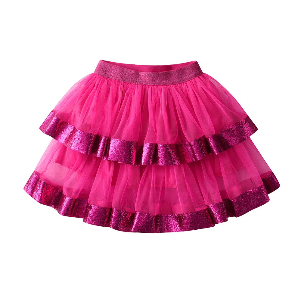 VIKITA Girls Christmas New Year Tutu Skirt Girls Party Princess Mini Skirt Kids Red Mesh Xmas Layered Skirts Kids Clothes 3-10Y
