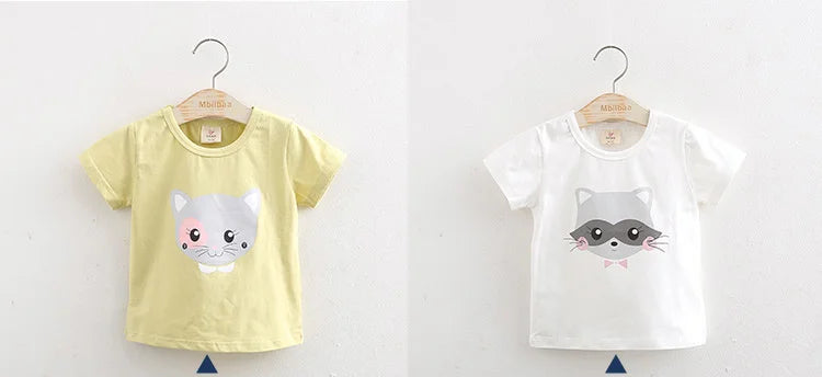 2025 Summer 2 3 4 6 8 10 Years Children Cotton Cartoon Star Bird Cat Rabbit Animal Print Short-Sleeve T-Shirt For Kids Baby Girl