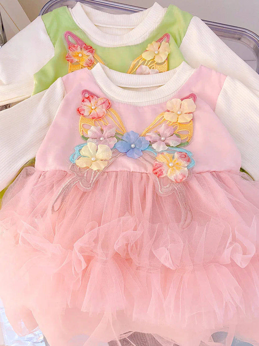 Spring And Autumn New Baby Girl Princess Dress, Sweet Flower Butterfly Children'S Long Sleeve Clothes For Babies Aged 0-3 Years