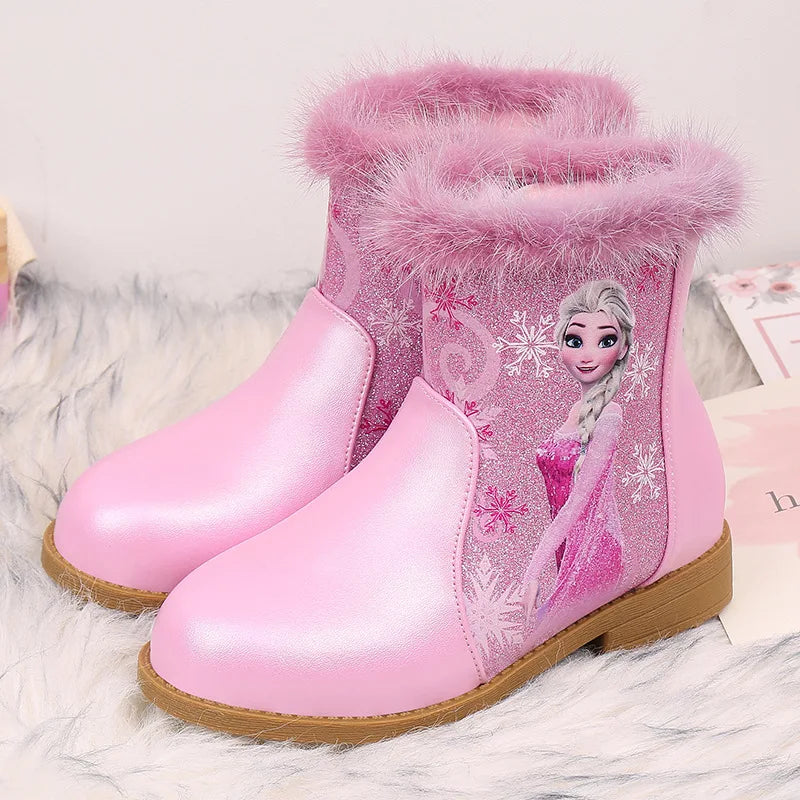 Disney Girls' Boots Winter Fashion Frozen Elsa Princess Children's Short Girls' Cotton Fur Ankle Boots Girls' Pink Shoes Size 25