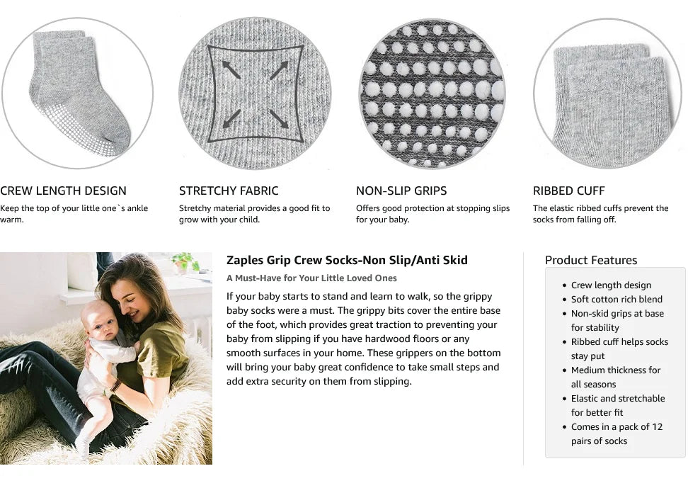 6 Pairs/Lot Fashion Children Socks Grip Crew Socks with Non Slip/Anti Skid Soles for Baby Infants Toddlers Kids Boys Girls 0-7y