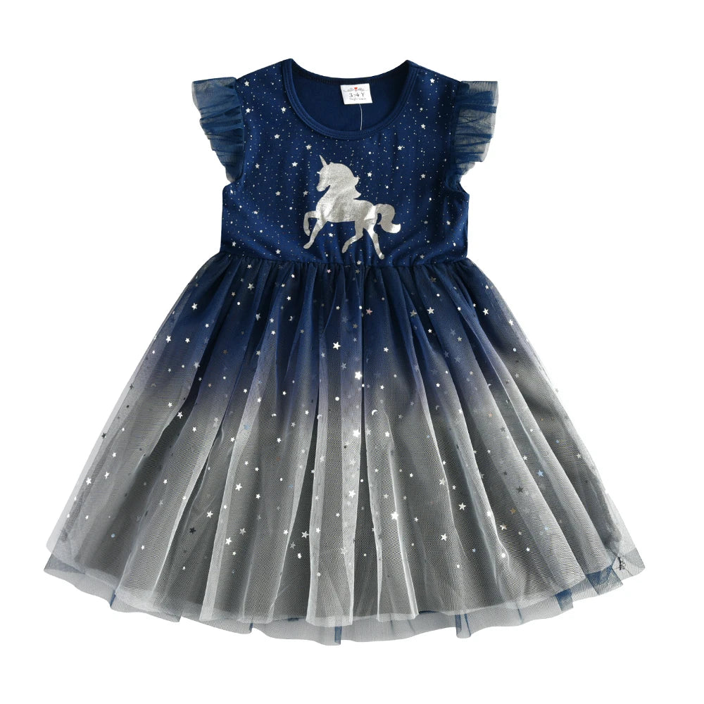 VIKITA Girls Starry Dress Kids Sequins Sleeveless Dresses Kids Elegant Cute Princess Tutu Vestidos Children Summer Tulle Dress