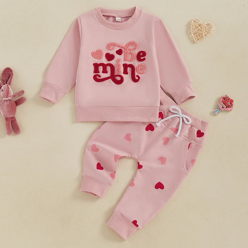 Toddler Girls 2-piece Set Adorable Long Sleeve Hoodie with Embroidered Letters and Heart Print Sweatpants Valentine s Day