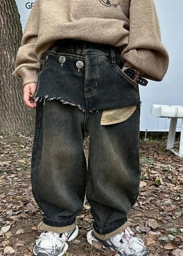 Boys' Autumn Winter Thermal Fleece-Lined Korean-style Patchwork Jeans - Thickened One-Piece Long Pants Spring Autumn New