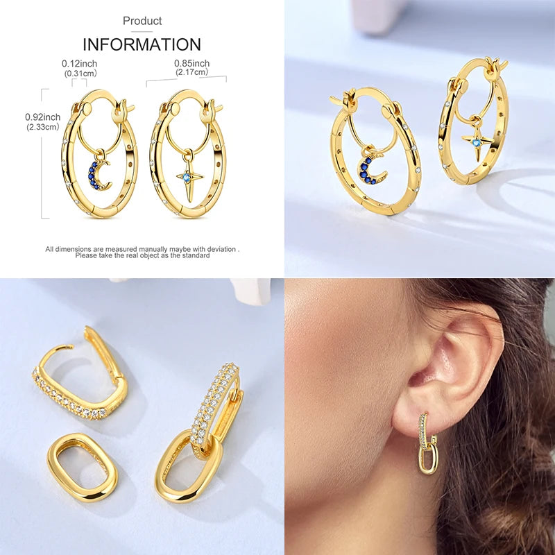 925 Sterling Silver Plated Gold Drop Earrings Star Sun Moon Earrings Removable Circle Heart Earrings For Women Hoop Earrings