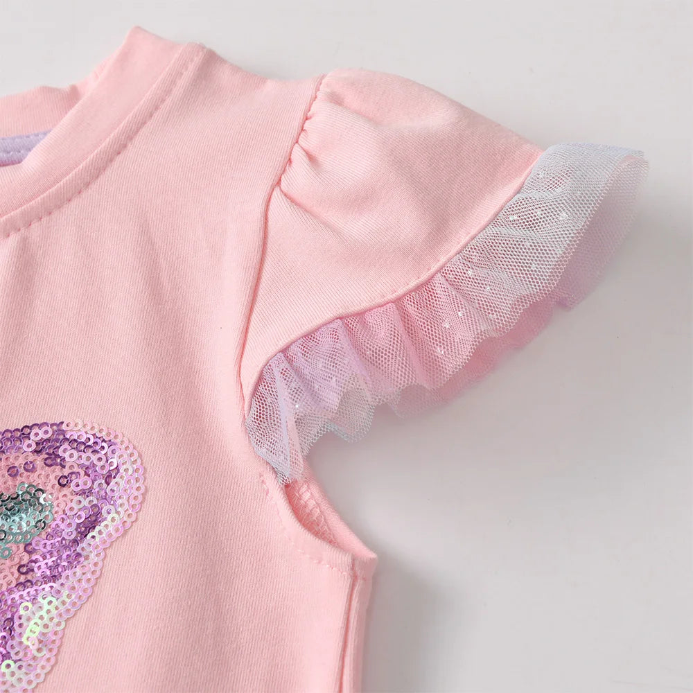 Girls Pink Flare Sleeve T Shirt Kids Sequined Colorful Butterfly Appliqued Ruffle Tees Kids Parties Casual Outings Cotton Tops