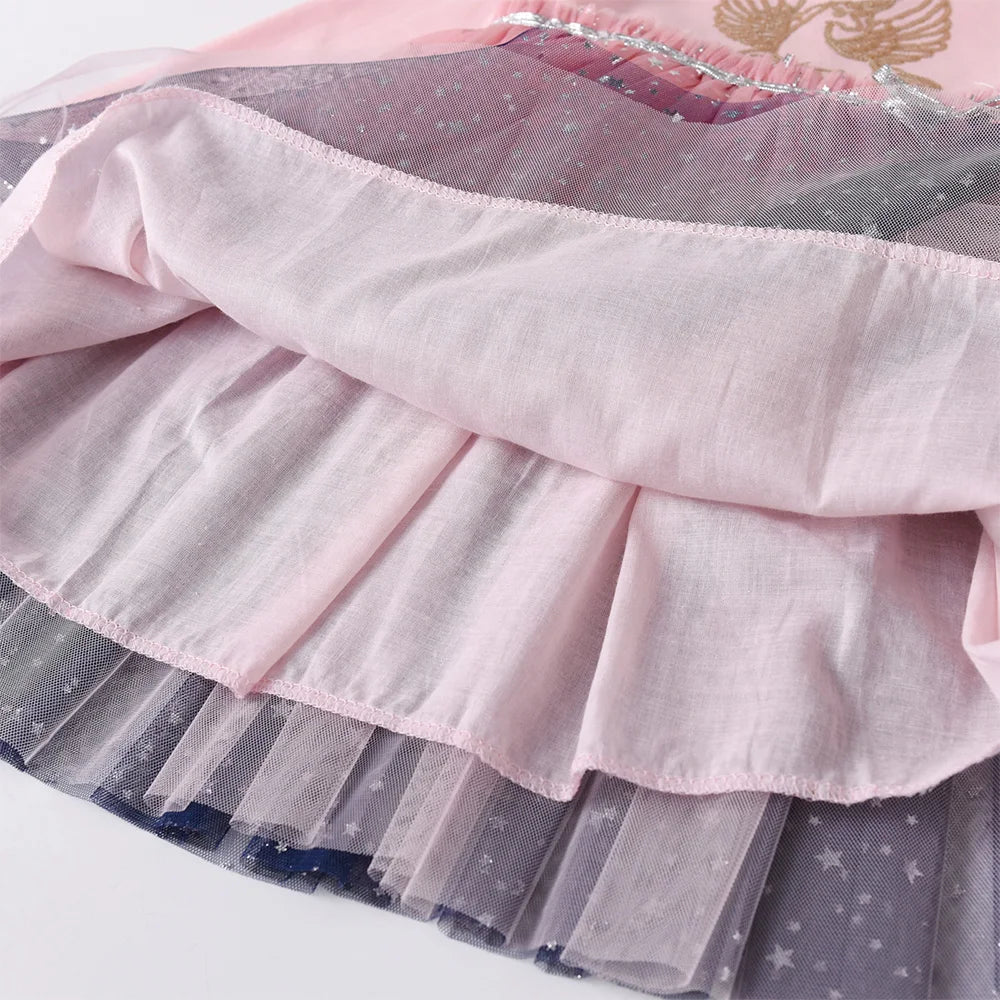 VIKITA Girls Autumn Spring Flare Sleeve Dress Kids Licorne Print Gradient Dresses Kids Birthday Party Princess Pink Mesh Dresses