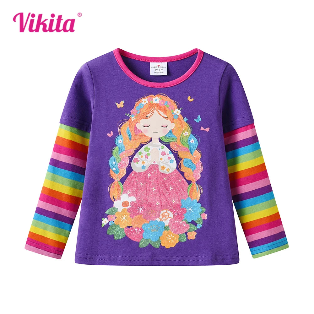 VIKITA Girls Flower Doll Print T Shirt Kids Purple Long Sleeve Rainbow Striped Cotton Casual Tops and Tees Kids Daily Costumes
