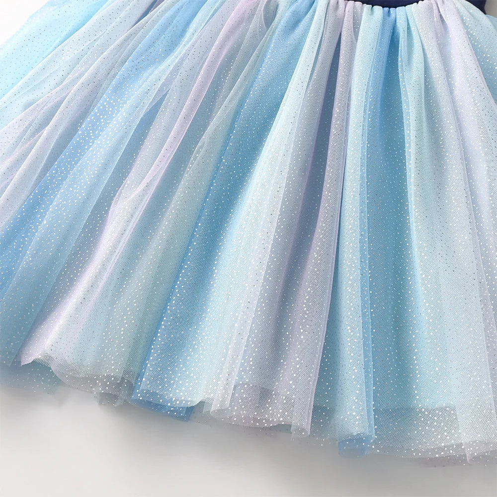 VIKITA Kids Patchwork Dress Cartoon Print Mesh Dress Girls Sparkly Glittery Summer Sleeveless Princess Birthday Party Prom Gown