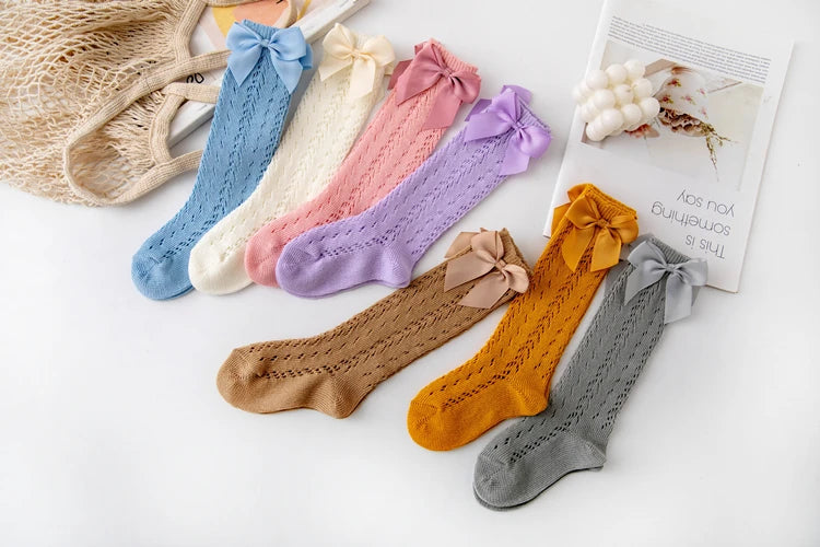 1 Pairs Summer Bow Baby Girls Socks Toddler Long Sock Infant Knee High Cotton Mesh Spanish Style Breathable Socks For 0-8Years