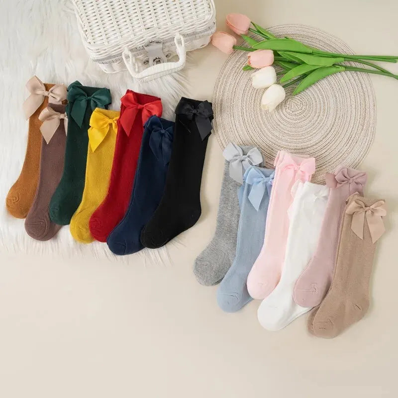 3Pairs/Lot Baby Toddlers Socks Autumn Spring Children Kids Girls Knee High Long Sock Cotton Big Bow Spanish Style Princess Socks