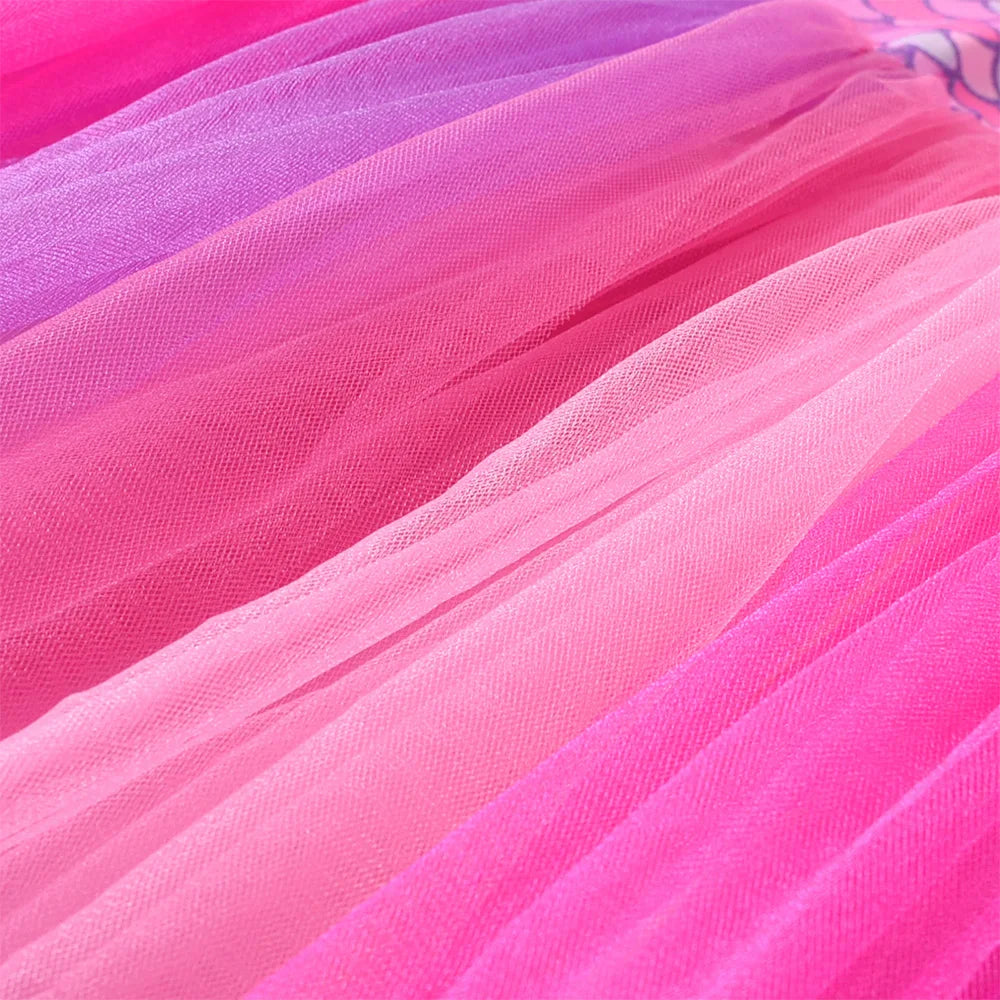 VIKITA Children Clothes Kids Mermaid Print Polyester Long Sleeve Vacation Pink Dress Girls Colorful Mesh Tulle Princess Dresses