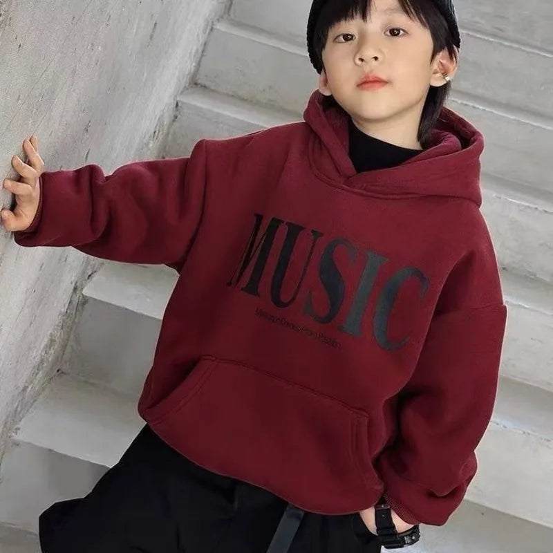 2025 New Boys' Kids' Autumn Winter Printed Fleece-Lined Thickened Hooded Hoodie - Stylish Trendy Top