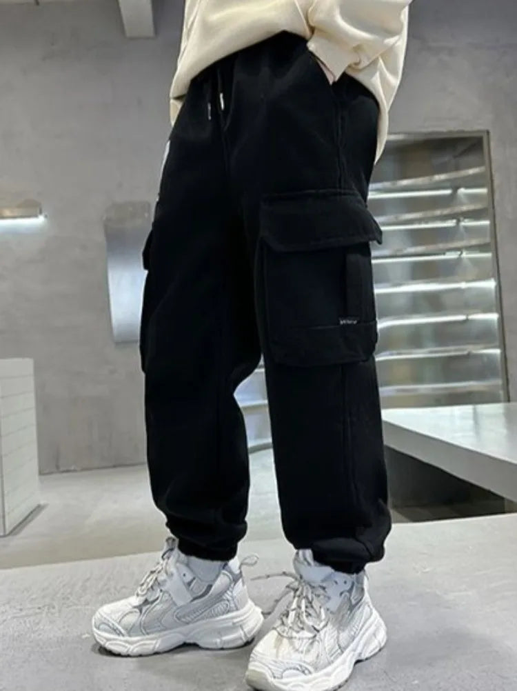 Boys Cargo Pants Spring Autumn Fleece-Lined Kids Casual Loose Long Pants Stylish Warmth Outdoor Playwear