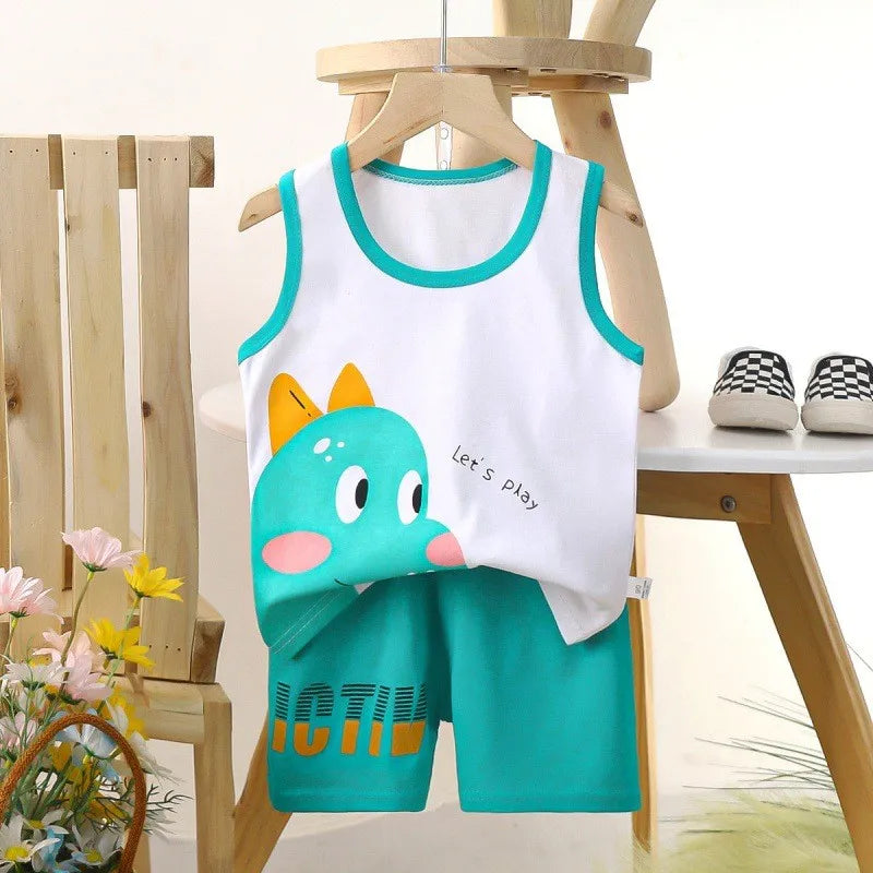 1-6 Y Kids Baby Boys Vest+Shorts 2-Piece Clothing Set Cartoon Printing Summer Girls Cotton Tracksuit Sports Casual Clothes Suit