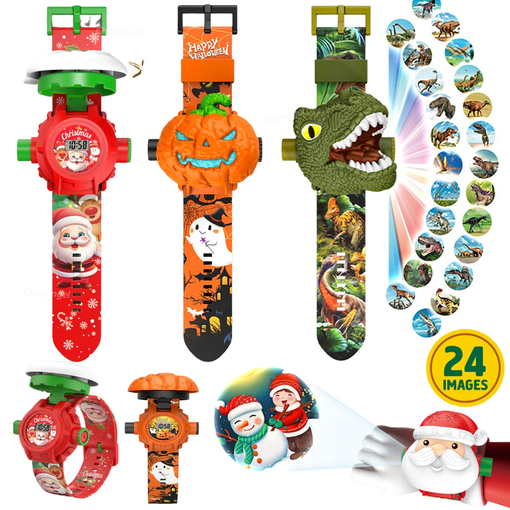 Cartoon Projection Watch for Kids Electronic Watch 24 Patterns Display Projector Montessori Education Toys Gift for Boys Girls
