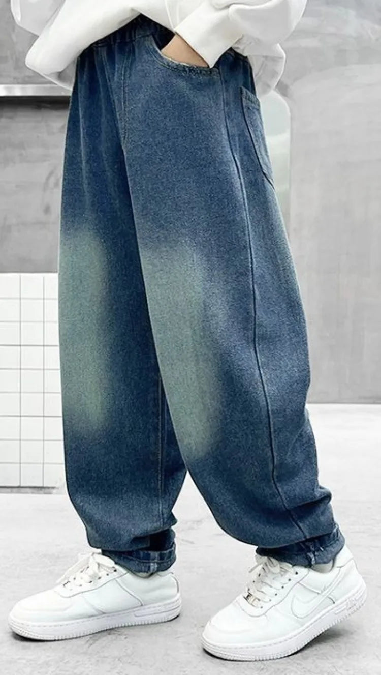 2025 New Boys' Loose Fit Jeans for Kids - Korean Style Washed Denim Long Pants, Trendy & Comfortable