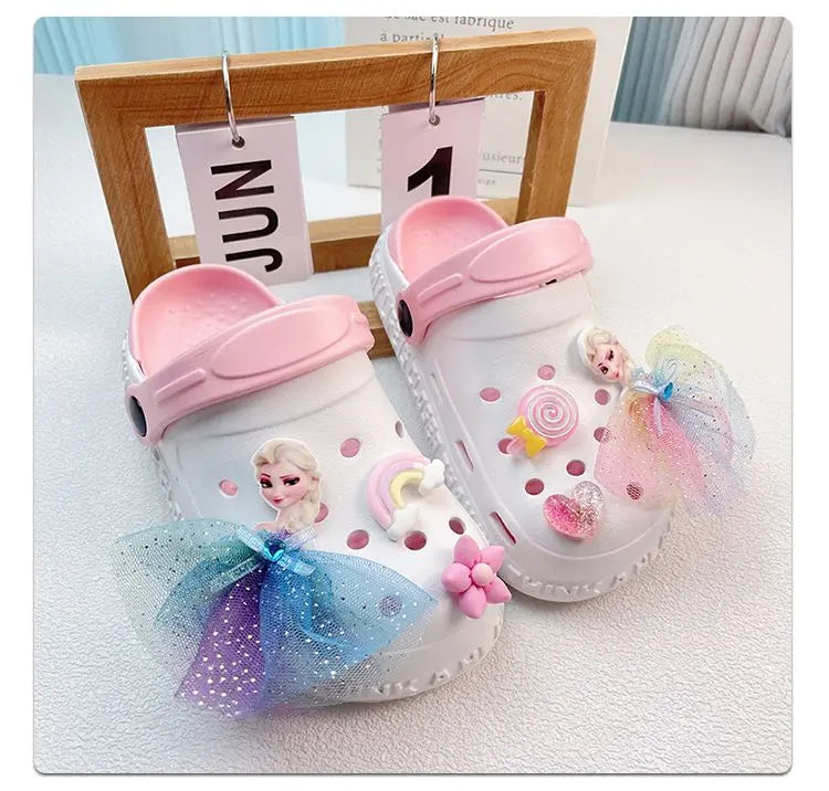 Disney Girls' Slippers Summer Princess Elsa Children's Girls Hole Shoes Summer Frozen Slippers Blue Pink Shoes Size 24-40