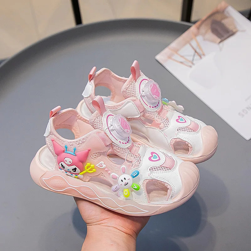 Sandals Girls Cartoon PU Leather Summer Fashion Outdoor Flat Bottom Breathable Anti-slip Pink Purple Size 26-37