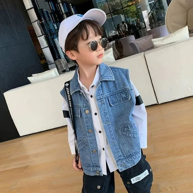 Kids Boys' Korean Style Denim Vest Jacket Spring Autumn Outerwear Versatile Stylish Kids' Clothing