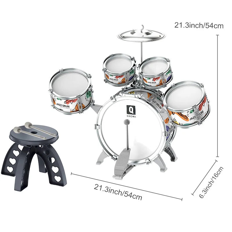 Kids Drum Set Toddler Jazz Drum Kit Toys with Stool Pedal Percussion Musical Instruments Drum Toy Early Education Gift for Boys