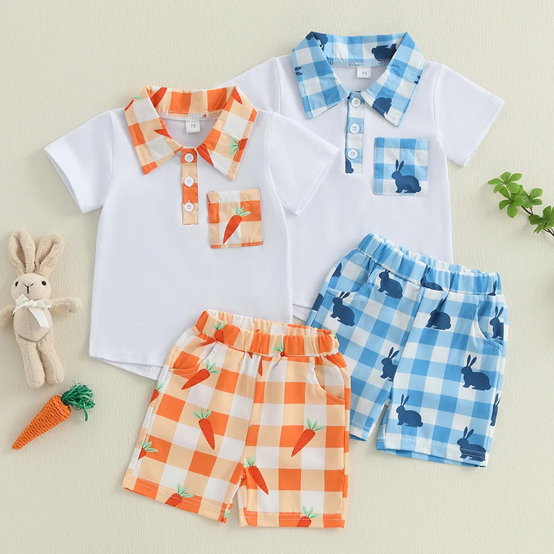 Boys Stylish Plaid Outfit Set with Short Sleeve Lapel Neck Half Button-up Top and Elastic Waistband Shorts for Summer