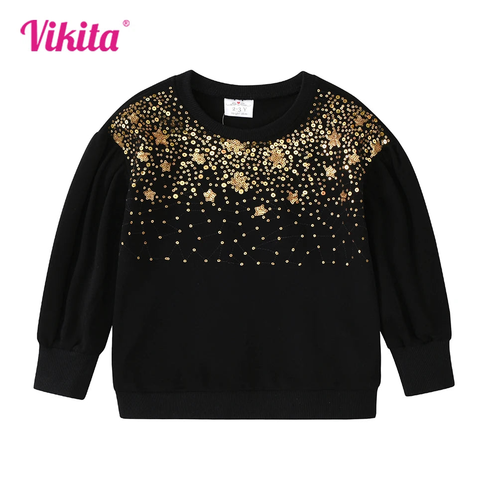 VIKITA Girls Golden Starry Sweatshirts Teenagers Fall Spring Sports Wear Girls Casual Cotton Soft Tops Kids Sweatshirts Costumes