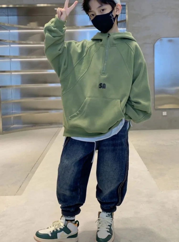 2025 New Boys' Mid-Large Spring-Autumn & Autumn-Winter Fleece-Lined Thickened Hooded Hoodie - Trendy Streetwear Boys' Top