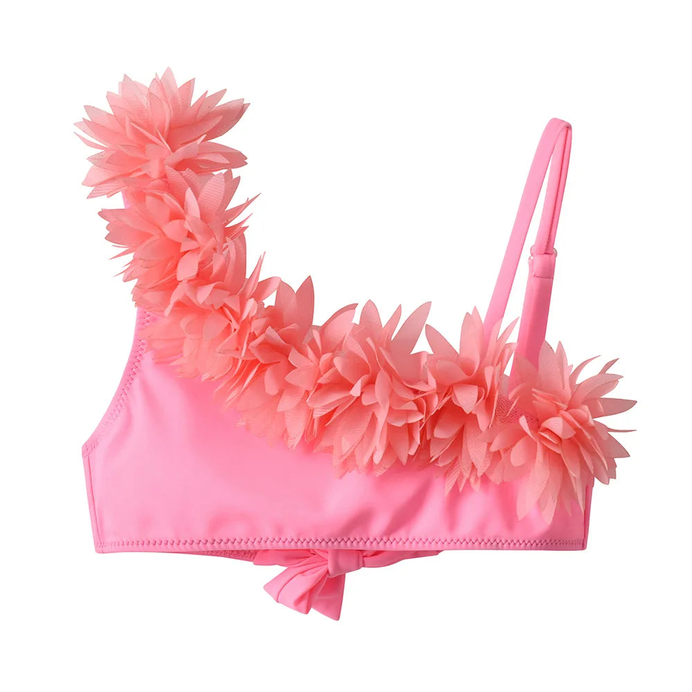Girls Pink Floral Bikini Sets Kids One Shoulder Tulle Pink Swimsuit 2 Pcs Toddlers Summer Beach Vacation Party Stylish Swimwear