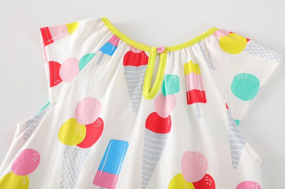 VIKITA Girls Camisole Sling Suspenders Sleeveless Summer Dress Kids Ice Cream Print Flare Sleeve Dresses Children Clothing